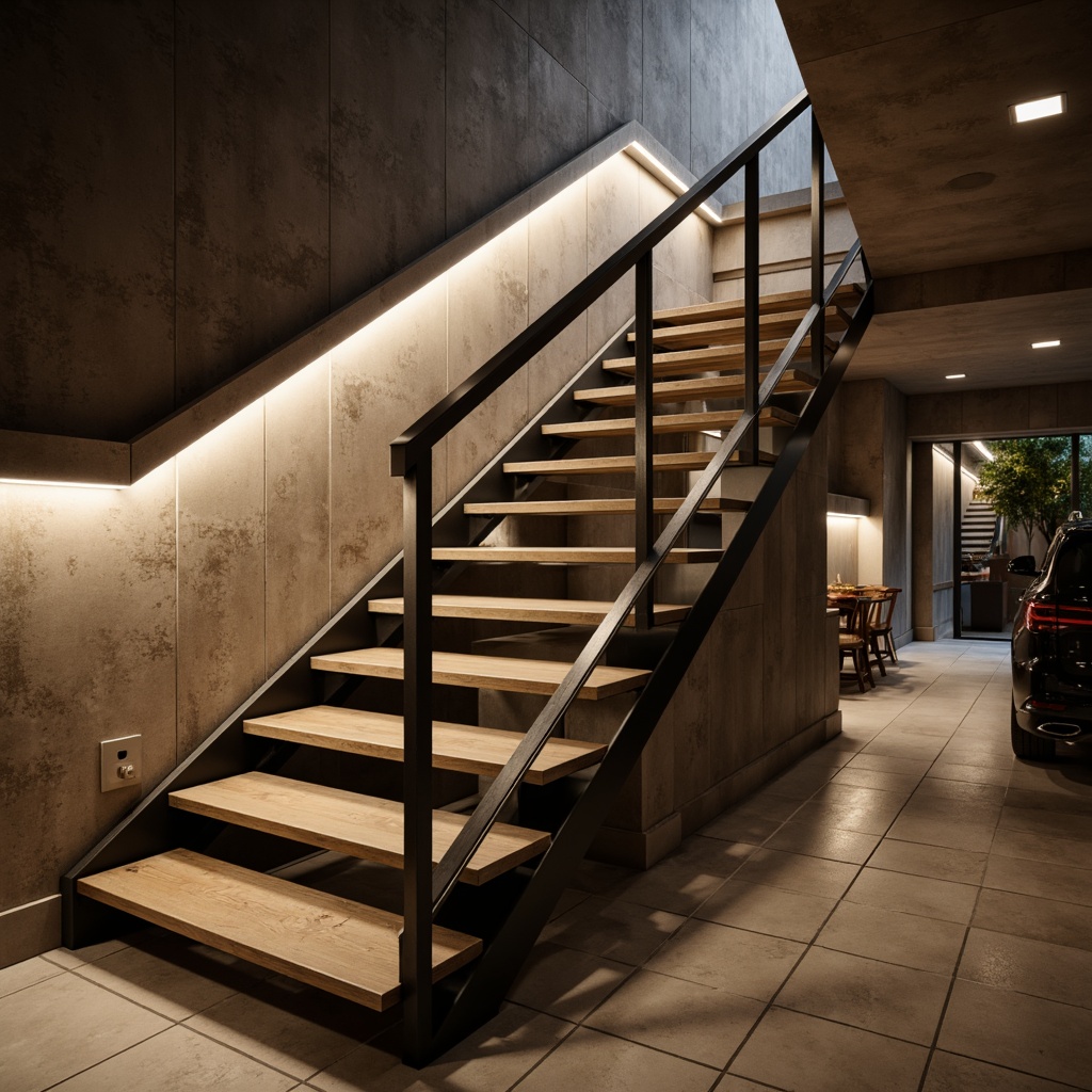 Prompt: Modern staircase, sleek metal handrails, minimalist design, low-profile LED strips, warm white lighting, soft glow ambiance, recessed light wells, hidden luminaires, floating step effect, open risers, glass or wooden treads, industrial-chic aesthetics, exposed structural elements, urban loft atmosphere, dramatic shadowing, high-contrast lighting, 3-point lighting composition, realistic material reflections, ambient occlusion.