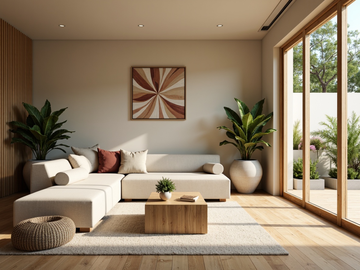 Prompt: Natural light-filled living room, soft beige walls, warm wood flooring, comfortable sofas, vibrant green plants, abstract artwork, floor-to-ceiling windows, sliding glass doors, cozy reading nooks, plush area rugs, calming water features, minimalist decor, organic textures, airy atmosphere, shallow depth of field, 1/1 composition, realistic reflections, ambient occlusion.