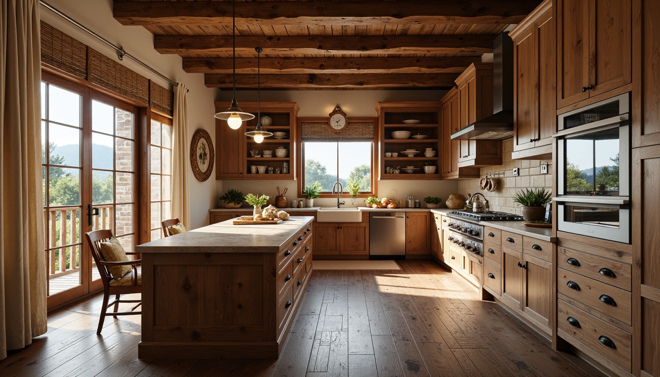 Prompt: Rustic kitchen, wooden cabinetry, earthy tones, natural stone countertops, honed granite, butcher-block island, distressed wood flooring, vintage metal lighting, farmhouse sink, woven textiles, organic shapes, soft warm lighting, shallow depth of field, 1/1 composition, realistic textures, ambient occlusion.