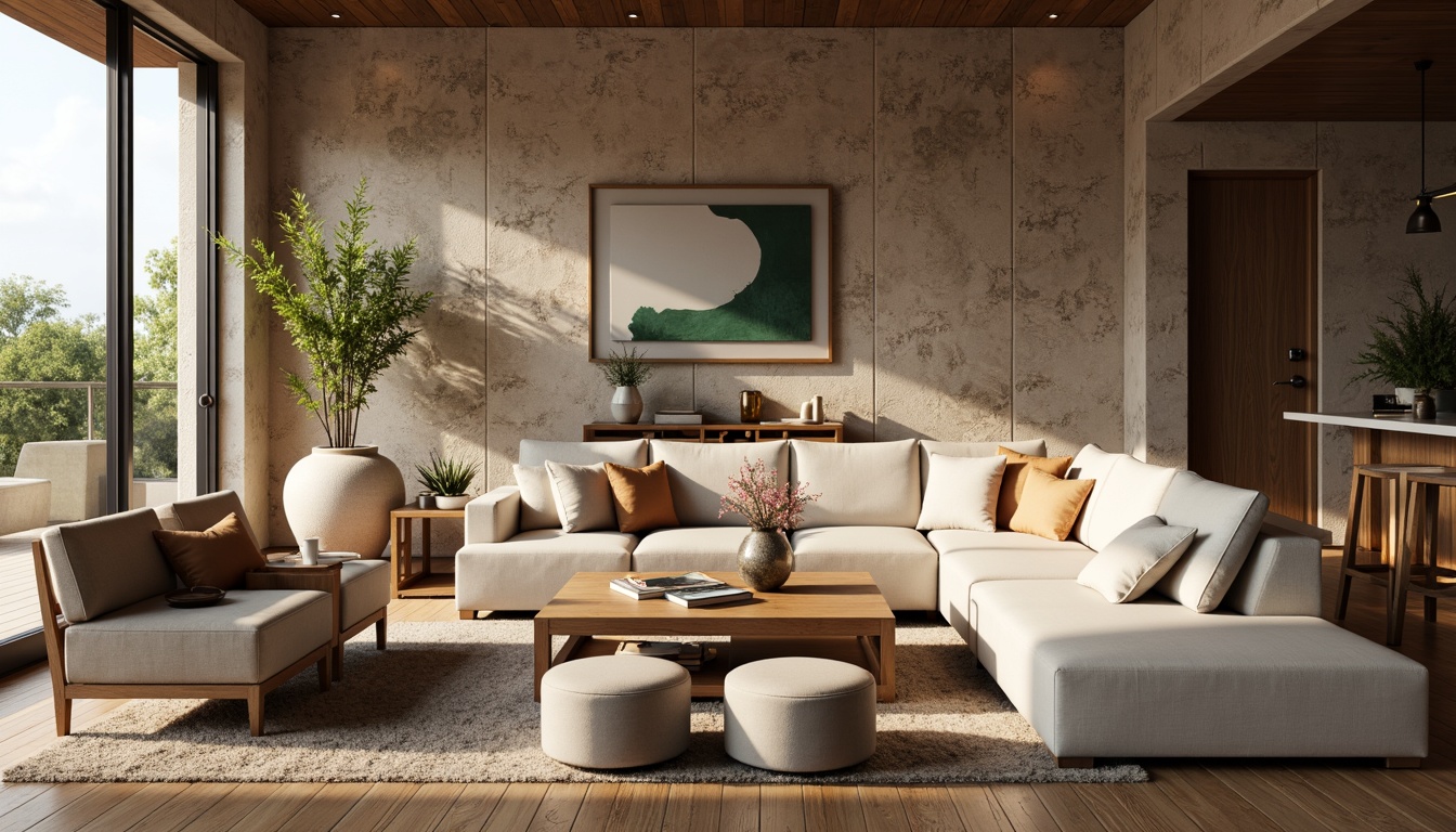 Prompt: Cozy living room, plush sofas, ergonomic chairs, wooden coffee tables, soft cushions, warm lighting, comfortable Ottomans, elegant vases, rustic wooden flooring, natural stone walls, modern minimalist decor, calm color palette, serene ambiance, 1/1 composition, realistic textures, ambient occlusion.