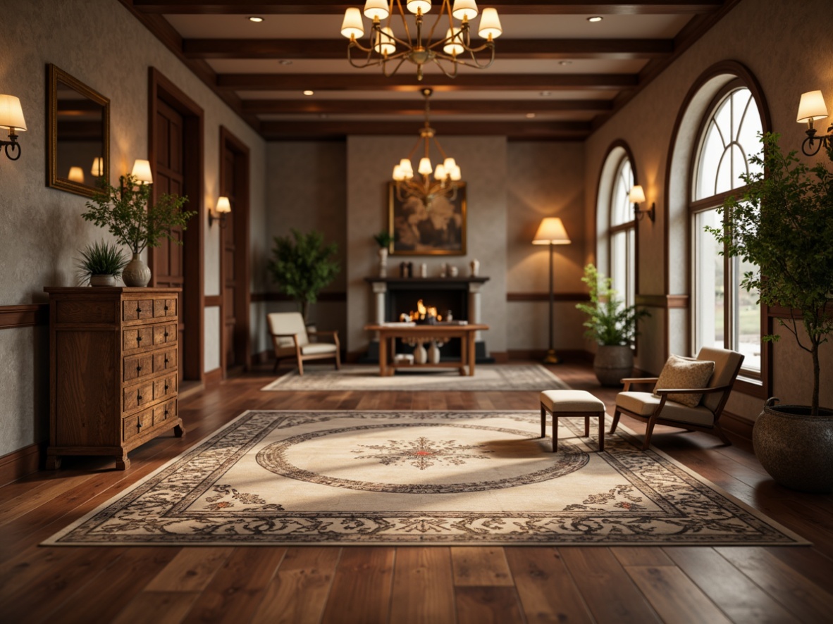 Prompt: Traditional hardwood flooring, rich walnut tones, distressed finishes, ornate rug patterns, vintage-inspired tile designs, classic herringbone layouts, warm beige stone floors, natural fiber area rugs, antique furniture pieces, elegant chandeliers, soft warm lighting, shallow depth of field, 1/1 composition, realistic textures, ambient occlusion.