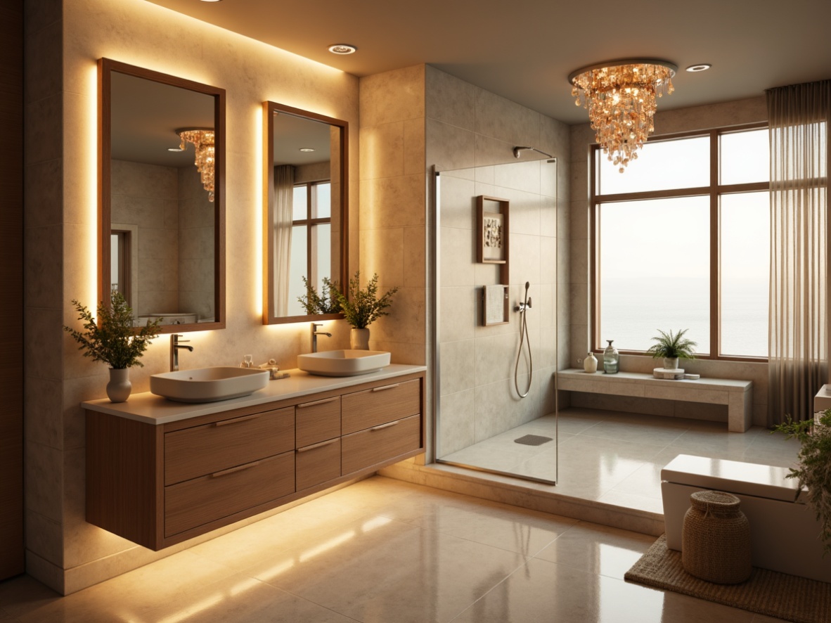 Prompt: Luxurious bathroom ambiance, warm soft lighting, LED strips under cabinets, recessed ceiling lights, crystal chandeliers, polished chrome fixtures, frosted glass shower doors, spa-like atmosphere, calming natural tones, gentle morning illumination, bright task lighting, ambient shadows, 3/4 composition, realistic reflections, soft focus blur.