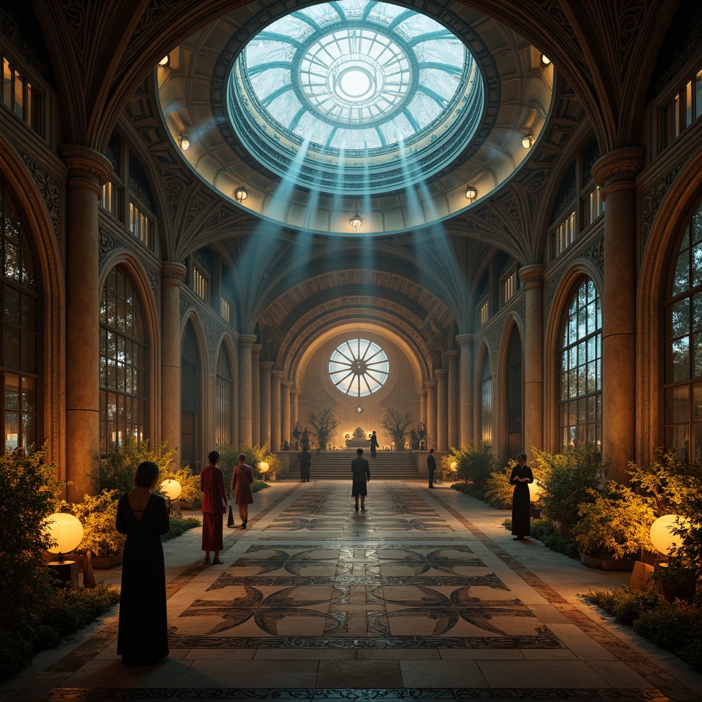 Prompt: Futuristic monastery, celestial dome, glowing lanterns, soft ethereal lighting, mystical ambiance, sacred artifacts, ancient tomes, dimly lit corridors, ornate metalwork, Gothic arches, stained glass windows, luminescent frescoes, subtle misting effects, warm golden hues, dramatic spotlights, eerie silhouettes, ambient occlusion, cinematic shading, atmospheric perspective.