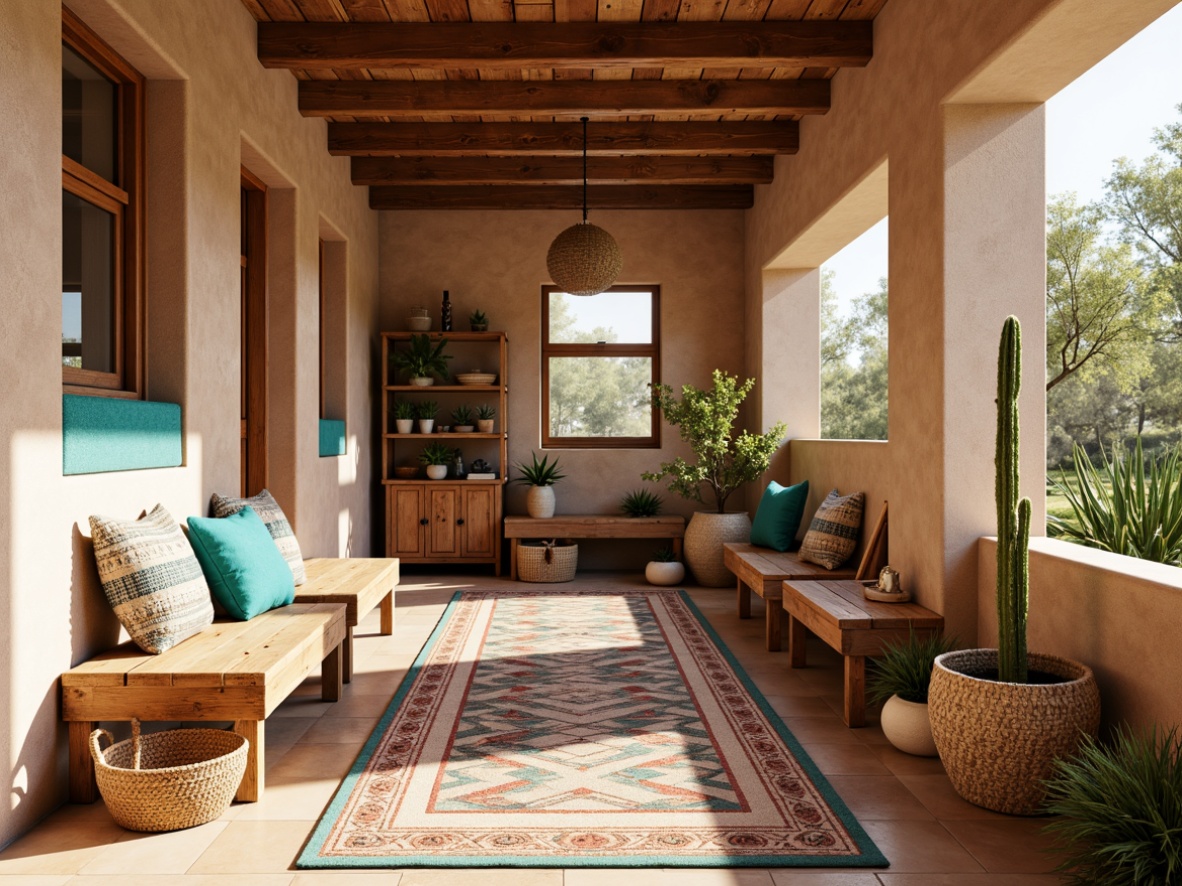 Prompt: Southwestern-style mudroom, earthy tones, natural textures, woven baskets, rustic wood benches, turquoise accents, vibrant Native American patterns, geometric tile floors, adobe-inspired architecture, warm desert lighting, shallow depth of field, 1/1 composition, realistic mudroom essentials, ambient occlusion, functional storage solutions, industrial metal shelves, reclaimed wood crates, woven rug, desert botanicals, cacti plants, sunny afternoon, soft warm lighting.