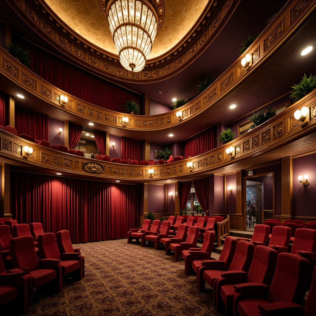 Prompt: Luxurious theater interior, rich velvet curtains, ornate golden balconies, plush red seats, dimmed warm lighting, dramatic spotlights, opulent chandeliers, intricate moldings, grand staircase, lavish decorations, regal purple walls, sumptuous brown woods, soft creamy carpets, intimate setting, cozy ambiance, 1/1 composition, shallow depth of field, cinematic atmosphere.