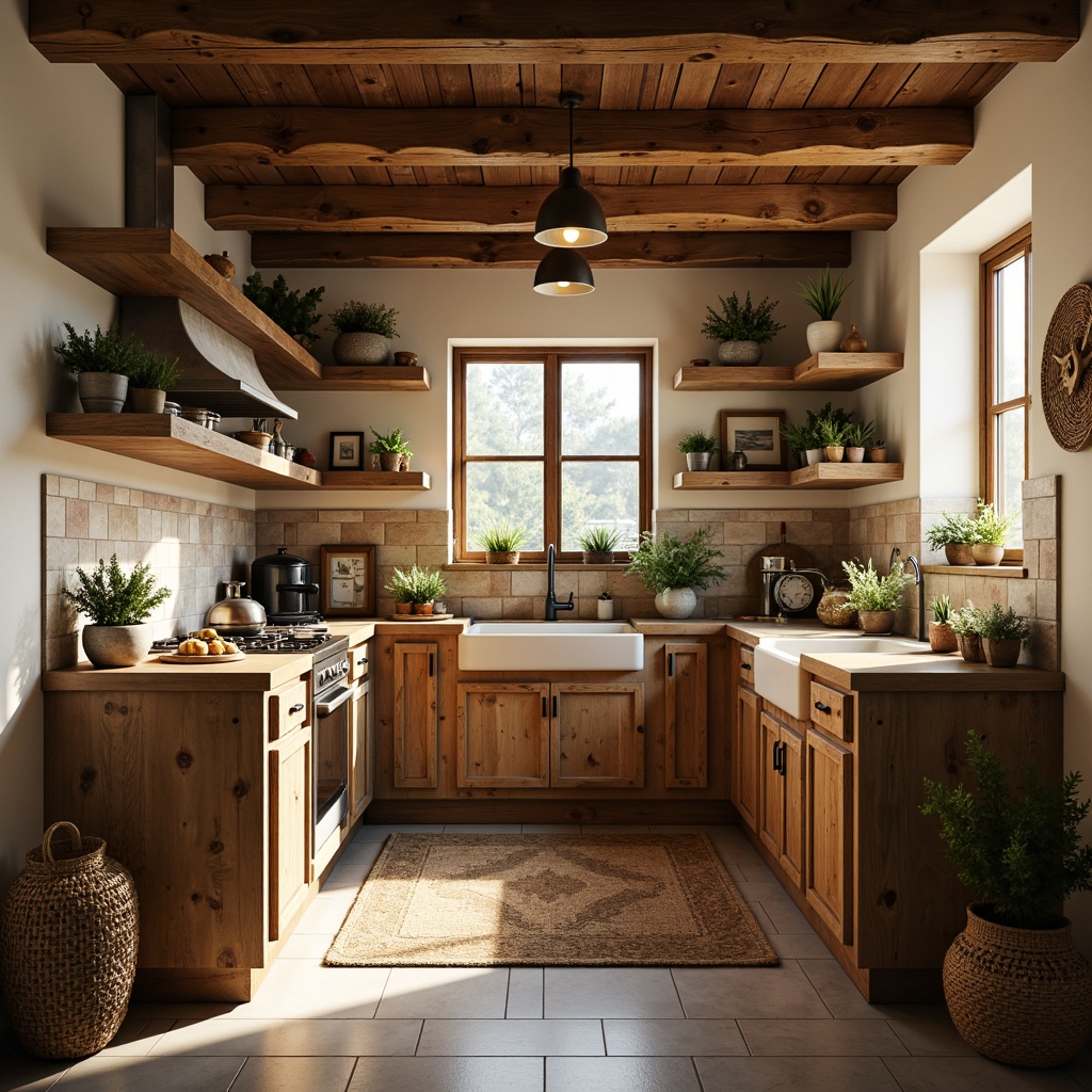 Prompt: Rustic kitchen, vintage charm, earthy tones, wooden cabinetry, natural stone backsplash, brick accents, distressed finishes, warm golden lighting, shallow depth of field, 1/1 composition, intimate atmosphere, cozy nooks, soft textiles, woven baskets, pendant lamps, herb planters, farmhouse sink, butcher block countertops, reclaimed wood shelves, creamy white walls, soft beige flooring.