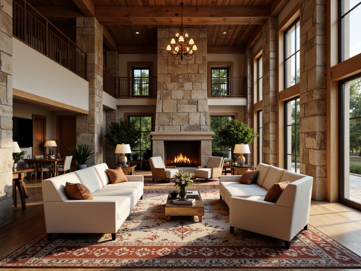 Prompt: Luxurious great room interior, rich wood textures, stone walls, comfortable sofas, plush area rugs, warm fireplace, elegant chandeliers, high ceilings, large windows, natural light, soft warm lighting, shallow depth of field, 3/4 composition, panoramic view, realistic textures, ambient occlusion, cream-colored armchairs, velvet pillows, metallic accents, geometric patterns, intricate moldings, ornate mirrors, sophisticated color palette.