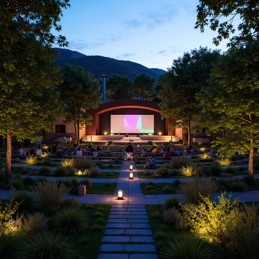 Prompt: Natural amphitheater setting, tiered seating, gentle slopes, lush greenery, warm sunny day, soft diffused lighting, subtle shadows, evening ambiance, twinkling string lights, lantern-style path lights, discreet floodlights, architectural uplighting, LED stage lighting, vibrant color changing effects, dynamic beam projections, 180-degree panoramic view, symmetrical composition, low-angle shots, realistic textures, ambient occlusion.Please let me know if this meets your requirements!