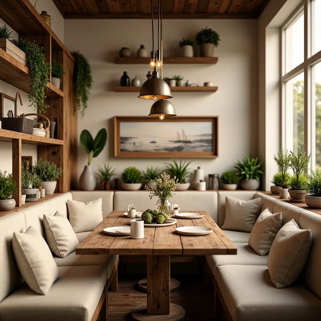 Prompt: Cozy breakfast nook, warm wooden tones, soft cream colors, rustic cabinetry, elegant pendant lights, industrial metal shades, Edison bulb fixtures, natural linen textiles, vintage-inspired decor, distressed wood accents, warm beige walls, comfortable cushioned seating, lush greenery, morning sunlight, soft golden lighting, shallow depth of field, 3/4 composition, realistic textures.