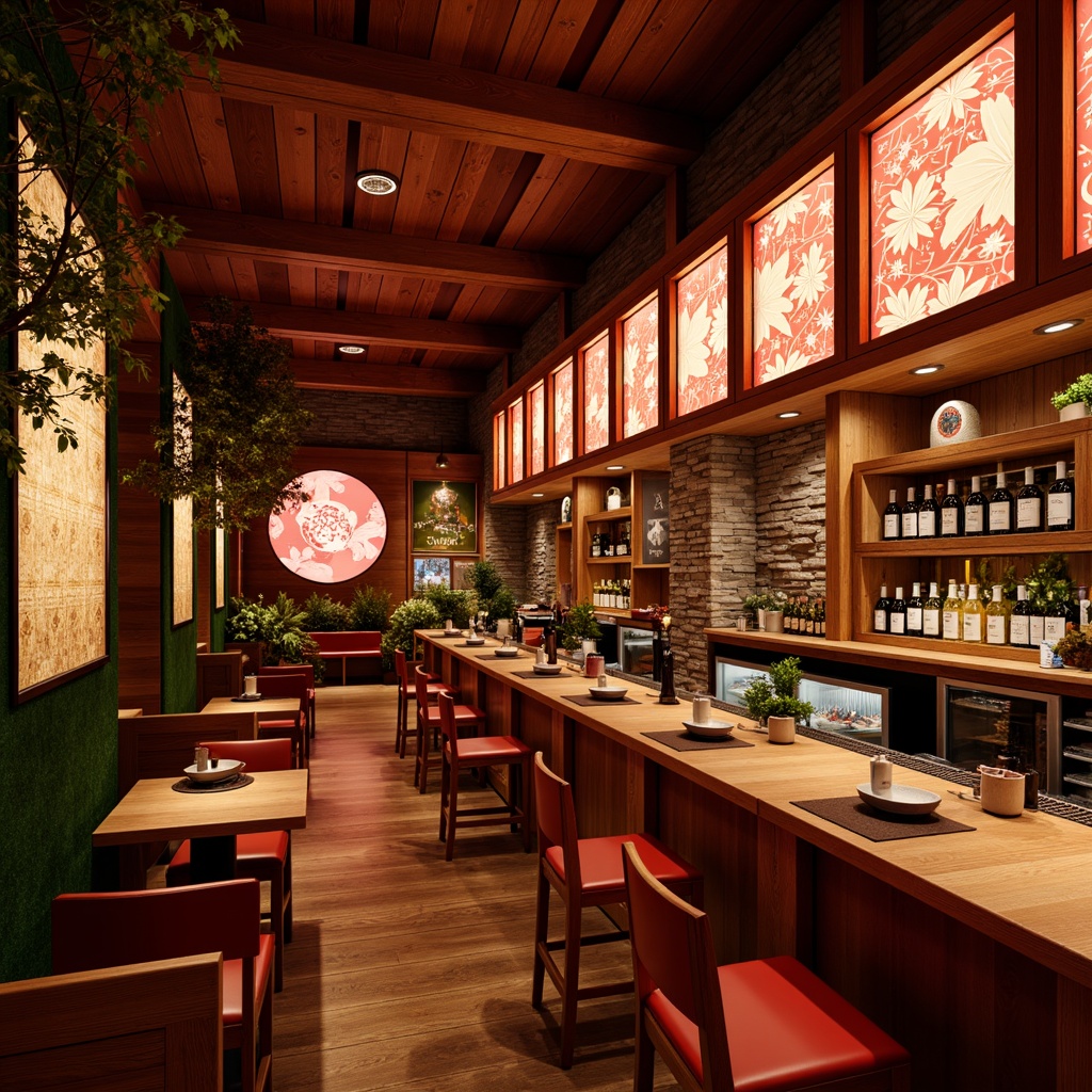 Prompt: Vibrant bar interior, rich wood accents, traditional Japanese screens, bamboo textures, lantern-inspired lighting, bold red hues, intricate Asian patterns, lush greenery, natural stone walls, minimalist decor, low seating areas, intimate ambiance, warm soft lighting, shallow depth of field, 3/4 composition, realistic textures, ambient occlusion.