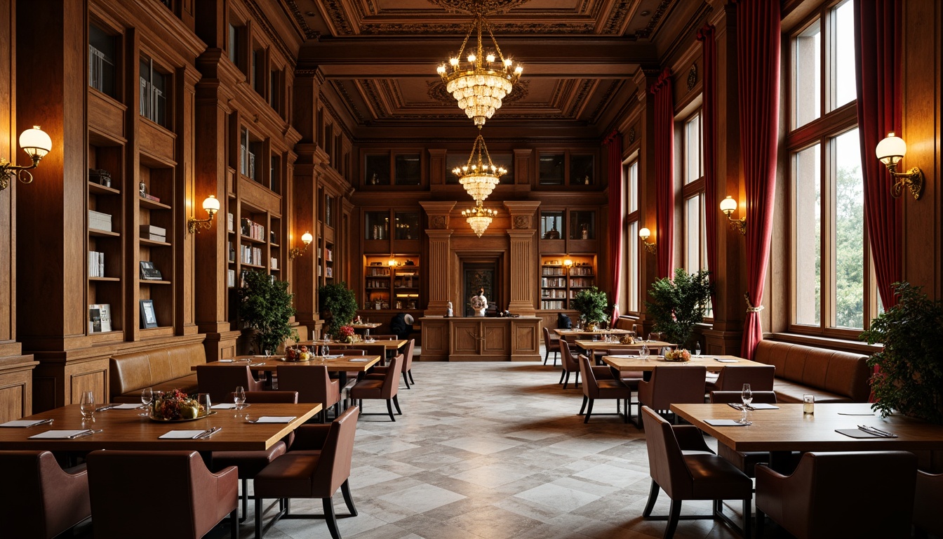 Prompt: Elegant academic dining hall, rich wood tones, ornate chandeliers, plush velvet drapes, polished marble floors, stately columns, refined wooden tables, comfortable leather chairs, vintage bookshelves, warm golden lighting, subtle shadows, 1/2 composition, harmonious balance, realistic textures, ambient occlusion.