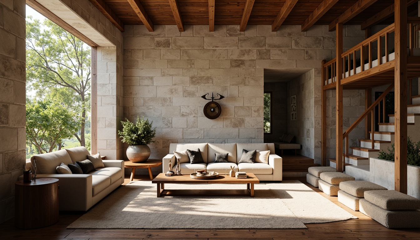 Prompt: Luxurious interior space, textured stone walls, reclaimed wood flooring, plush area rugs, comfortable sofas, accent chairs, modern coffee tables, stylish lamps, metallic decorative accents, natural light pouring in, soft warm glow, shallow depth of field, 3/4 composition, realistic textures, ambient occlusion.