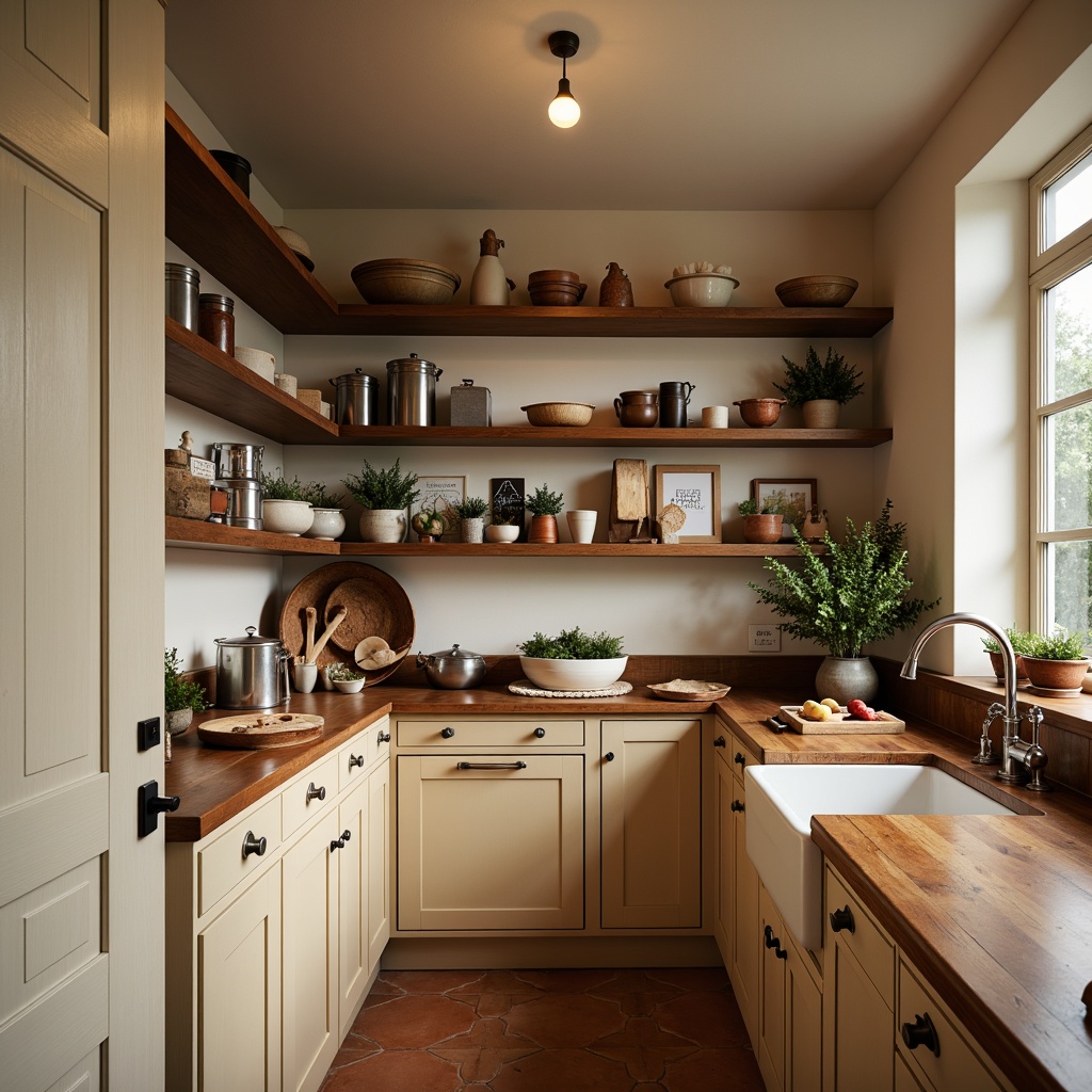 Prompt: Warm pantry interior, rustic wooden shelves, vintage metal containers, earthy terracotta flooring, soft cream-colored walls, warm beige cabinets, rich walnut countertops, modern farmhouse sink, polished chrome hardware, cozy ambient lighting, shallow depth of field, 1/2 composition, natural textures, subtle shadowing.