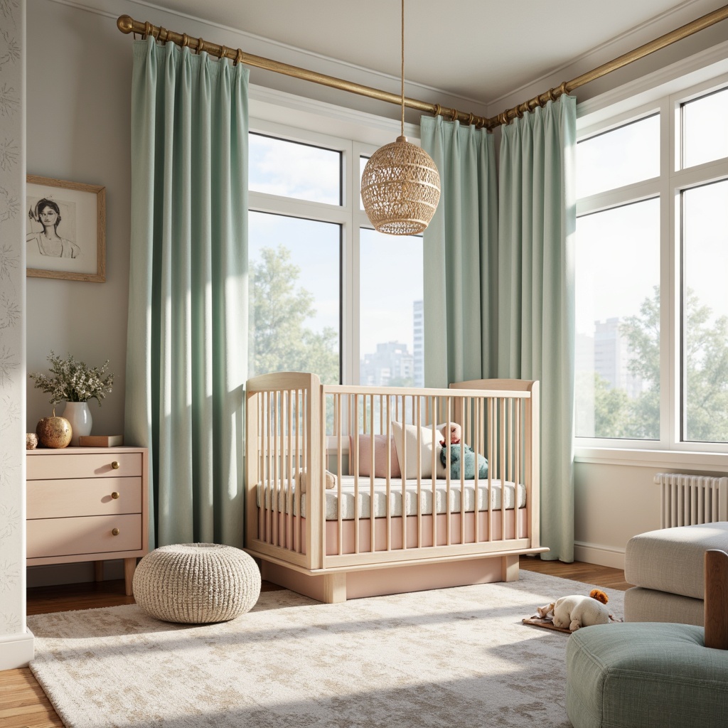 Prompt: Soft baby crib, gentle nursery atmosphere, pastel Art Deco colors, creamy whites, pale pinks, baby blues, minty freshness, gold accents, ornate metalwork, geometric patterns, chevron designs, luxurious fabrics, plush carpets, velvet drapes, softbox lighting, warm glow, cozy reading nook, elegant wallpaper, sophisticated furniture, rounded shapes, minimalist decor, peaceful ambiance, morning sunlight, shallow depth of field, 1/1 composition.