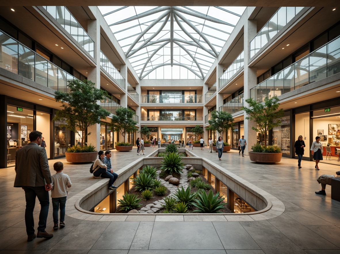 Prompt: Vibrant shopping mall, high ceilings, clerestory windows, transparent skylights, natural stone floors, polished metal railings, minimalist decorations, open atriums, lush greenery, tropical plants, water features, soft warm lighting, shallow depth of field, 1/1 composition, panoramic view, realistic textures, ambient occlusion.