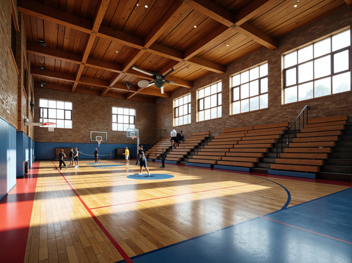 Prompt: Rustic gymnasium atmosphere, wooden bleachers, sports equipment, basketball hoops, volleyball nets, athletic tracks, durable rubber flooring, shock-absorbing mats, vibrant color schemes, natural wood accents, industrial metal beams, high ceilings, large windows, abundant natural light, softbox lighting, shallow depth of field, 3/4 composition, realistic textures, ambient occlusion.