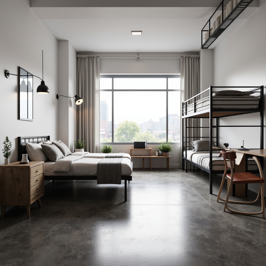 Prompt: Minimalist dorm room, industrial chic decor, monochromatic color scheme, functional furniture, geometric shapes, angular lines, metal frame beds, wooden desks, Eames chairs, pendant lamps, concrete floors, white walls, large windows, natural light, 1/1 composition, soft box lighting, realistic textures, ambient occlusion.