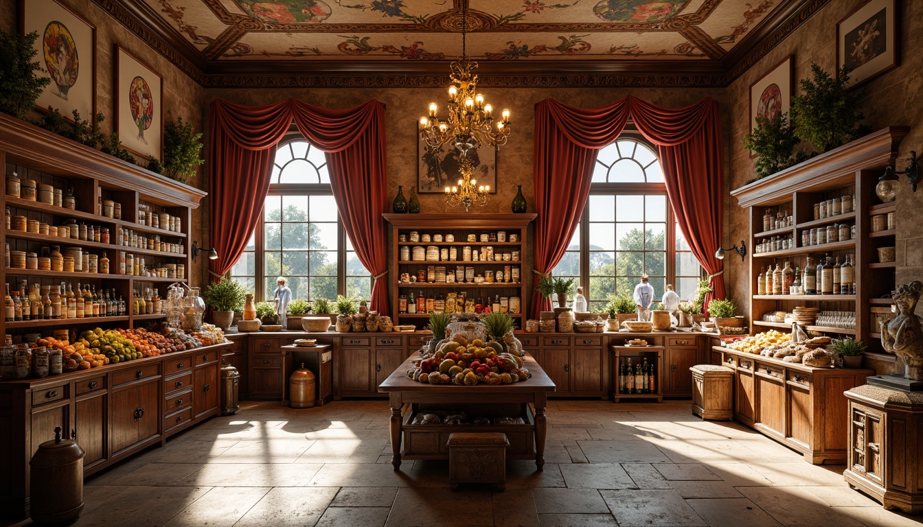 Prompt: Renaissance-style grocery store interior, ornate wooden shelves, decorative corbels, elegant wall frescoes, rich velvet drapes, golden chandeliers, warm beige stone flooring, arched windows, rustic brick walls, antique furniture pieces, vintage food advertisements, distressed finishes, soft warm lighting, 1/1 composition, shallow depth of field, realistic textures, ambient occlusion.