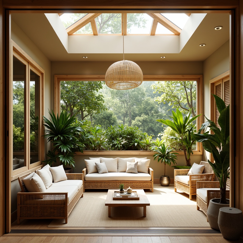 Prompt: Serenely lit sunroom, Asian-inspired decor, sliding glass doors, natural wood accents, woven bamboo furniture, paper lanterns, lush greenery, vibrant tropical plants, soft cushions, warm beige tones, minimal ornamentation, clerestory windows, skylights, reflective surfaces, indirect lighting, 1/1 composition, shallow depth of field, realistic textures, ambient occlusion.