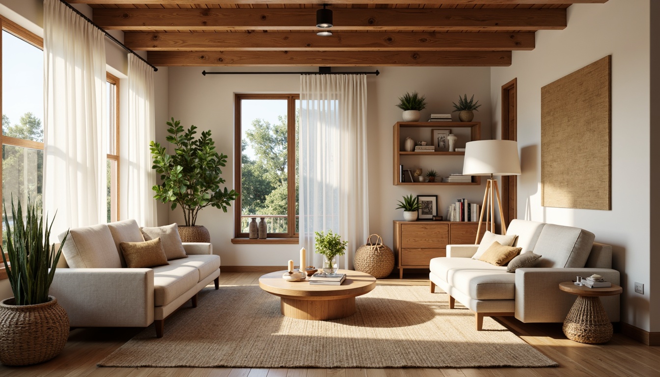 Prompt: Cozy living room, natural wood accents, light-colored oak floors, woven jute rugs, soft beige sofas, minimalist decor, reclaimed wooden walls, large windows, sheer white curtains, rustic wooden beams, pendant lamps, earthy color palette, organic textures, warm ambient lighting, shallow depth of field, 1/1 composition, realistic renderings, atmospheric fog effect.