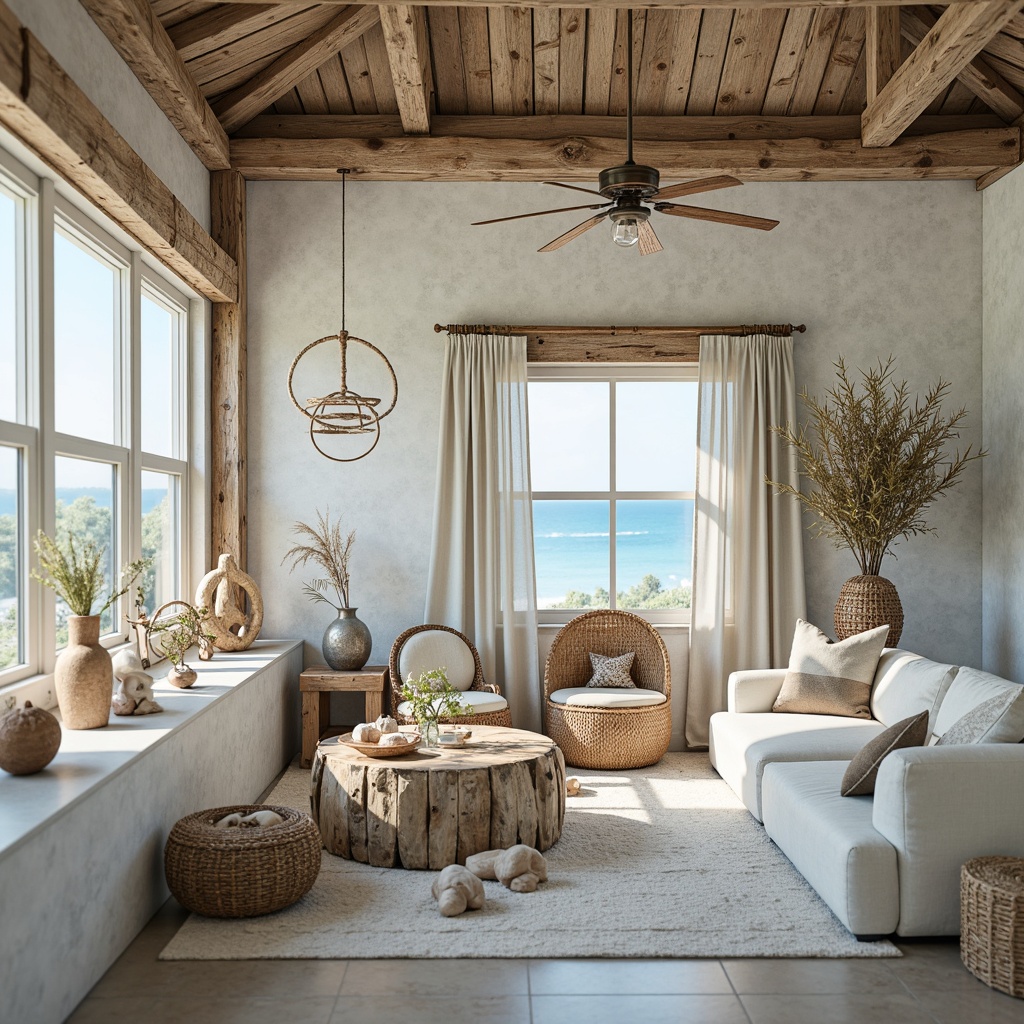 Prompt: Driftwood accents, ocean-worn stones, sea-salt weathered walls, distressed wooden planks, nautical ropes, beachy vibes, calming blue hues, soft creamy whites, sandy neutrals, natural linen textiles, woven sea grass, coral-inspired patterns, shell-adorned decorative elements, warm golden lighting, shallow depth of field, 1/1 composition, realistic textures, ambient occlusion.