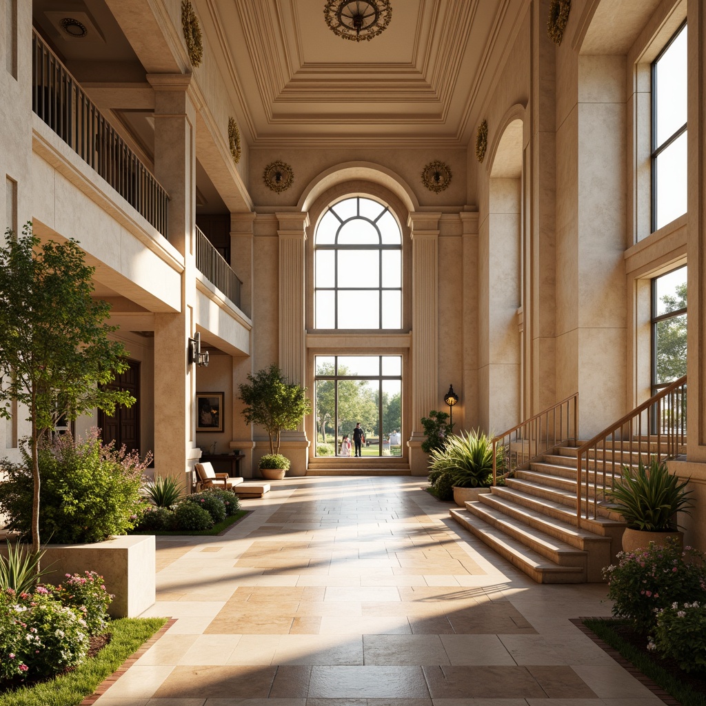 Prompt: Elegant community center, neoclassical architecture, ornate moldings, grand entrance, sweeping staircases, high ceilings, limestone fa\u00e7ade, columns and pilasters, symmetrical composition, natural light pouring in, warm beige color scheme, rich wood accents, intricate plaster details, comfortable seating areas, lush greenery, vibrant flowers, sunny day, soft warm lighting, shallow depth of field, 3/4 composition, panoramic view, realistic textures, ambient occlusion.