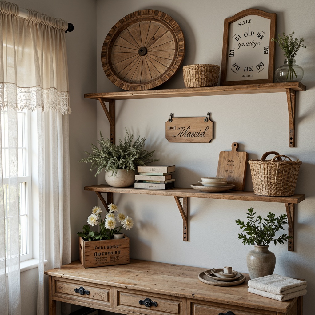 Prompt: Distressed wood shelves, vintage metal brackets, soft pastel colors, lace curtains, rustic wooden crates, antique furniture pieces, ornate mirrors, distressed finishes, feminine touches, elegant typography, natural fabrics, woven baskets, decorative trimmings, subtle lighting, 1/1 composition, shallow depth of field, warm ambient glow, romantic atmosphere.