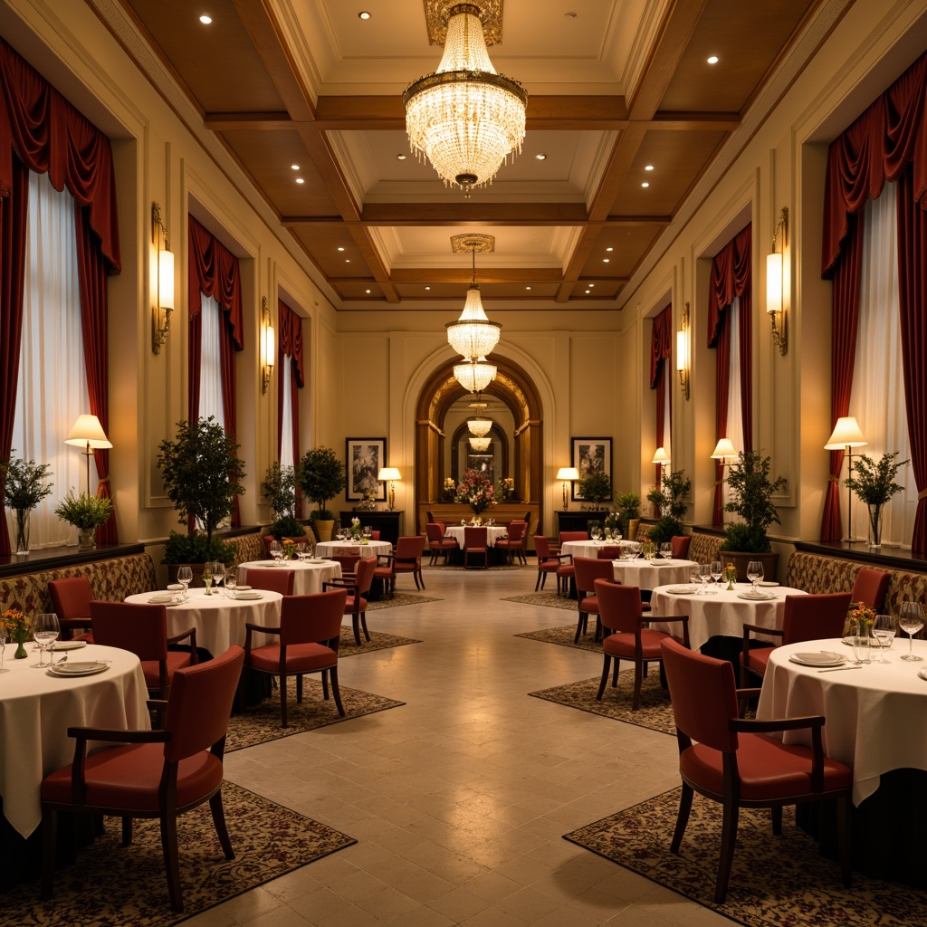 Prompt: Elegant dining hall, refined atmosphere, warm beige walls, rich wood tones, luxurious velvet fabrics, soft golden lighting, ornate chandeliers, fine china displays, formal table settings, crisp white linens, subtle patterned rugs, calm ambiance, shallow depth of field, 1/2 composition, warm color harmony, realistic textures, ambient occlusion.