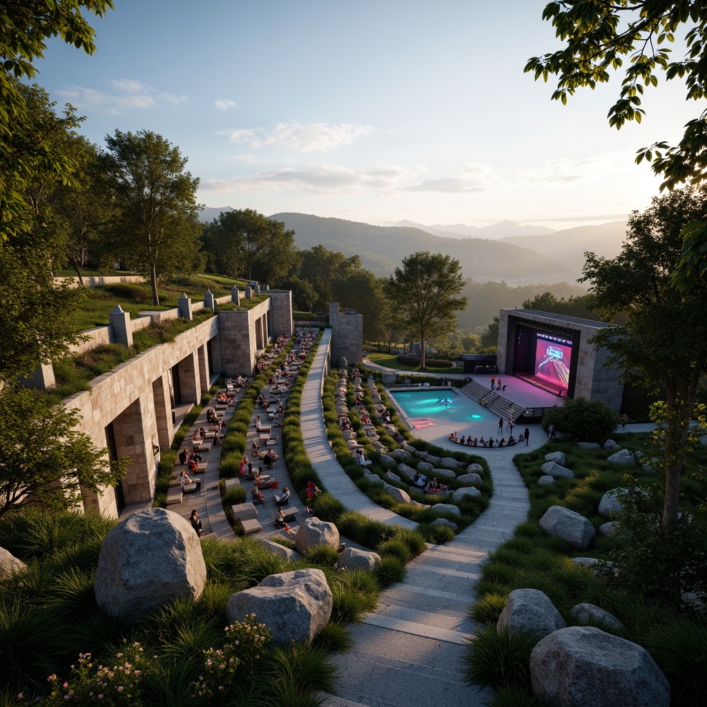 Prompt: Tiered seating, natural stone walls, lush greenery, open sky, warm sunny day, soft diffused lighting, subtle shadows, dramatic spotlights, colorful stage lights, LED strip lights, ambient occlusion, 3/4 composition, panoramic view, realistic textures, evening atmosphere, gentle breezes, misty effects.