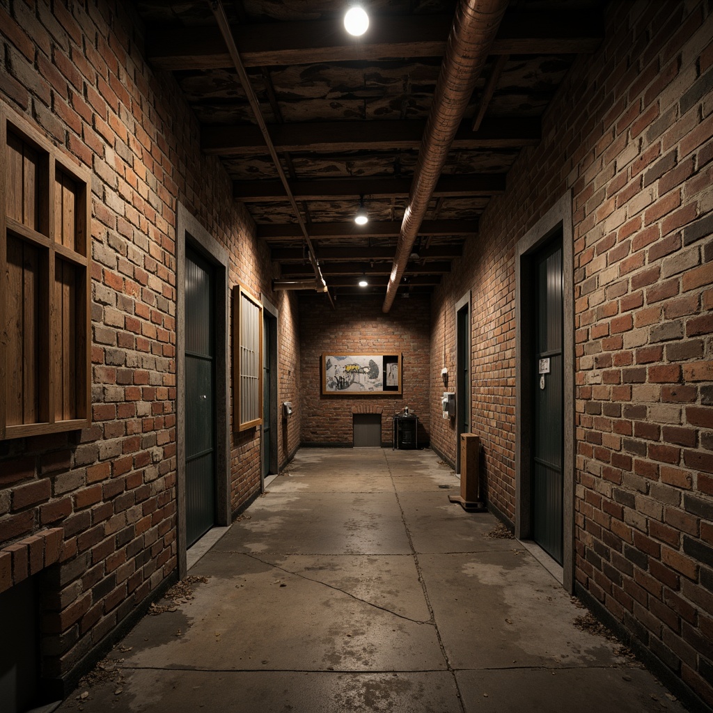 Prompt: Rustic brick walls, distressed finishes, weathered wooden planks, rough stone surfaces, aged metal corrugations, peeling paint, faded graffiti, worn concrete, exposed ductwork, industrial pipes, dimly lit ambiance, low-key color palette, cinematic shallow focus, 2.5D composition, atmospheric perspective, subtle noise textures, filmic grain.