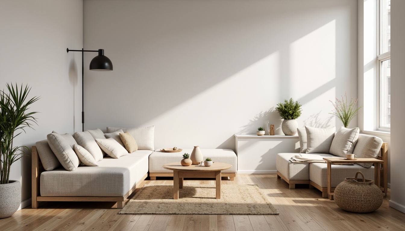 Prompt: Minimalist living room, light-filled space, wooden flooring, natural textiles, woven baskets, simplistic shapes, clean lines, monochromatic color scheme, oak wood furniture, leather upholstery, linen fabrics, industrial-chic lighting, modern Nordic-inspired decor, cozy reading nook, warm candlelight, 1/1 composition, shallow depth of field, softbox lighting, realistic wood grain textures.