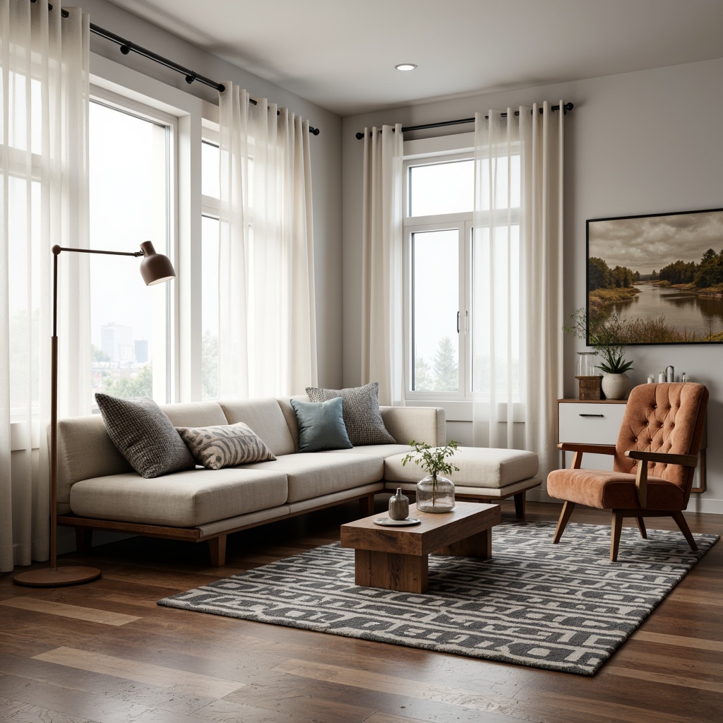 Prompt: Modern living room setting, sleek low-profile sofa, tufted velvet armchair, reclaimed wood coffee table, geometric patterned rug, floor-to-ceiling windows, sheer white curtains, minimalist wall decor, industrial metal floor lamp, warm ambient lighting, 1/2 composition, shallow depth of field, realistic textures, soft focus effect.