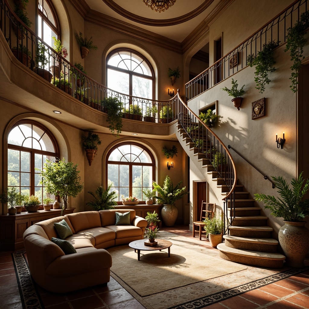 Prompt: Organic curvilinear forms, flowing lines, ornate decorations, luxurious materials, sinuous balconies, fluid shapes, botanical motifs, naturalistic patterns, earthy color palette, warm golden lighting, soft focus, shallow depth of field, 1/1 composition, intimate atmosphere, cozy residential spaces, elegant interior design, vintage furniture pieces, ornamental ironwork, stained glass windows, decorative ceramic tiles, rich textures, intricate moldings, whimsical architectural details.