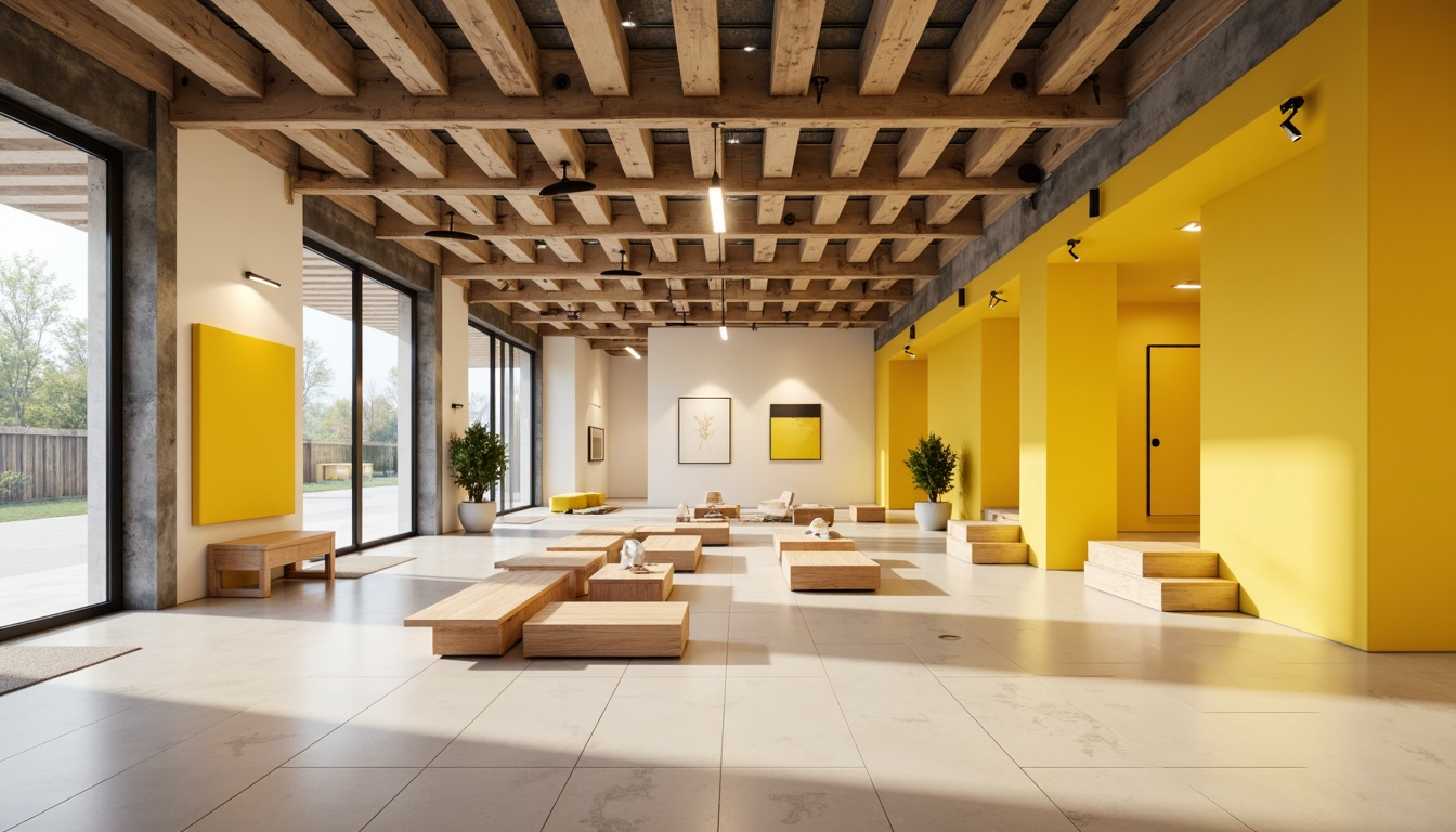 Prompt: Vibrant yellow accents, natural wood tones, minimalist Nordic design, sleek modern exhibit spaces, spacious open floors, creamy white walls, subtle texture contrasts, industrial metal beams, warm ambient lighting, soft shadows, 1/1 composition, shallow depth of field, realistic renderings, ambient occlusion.