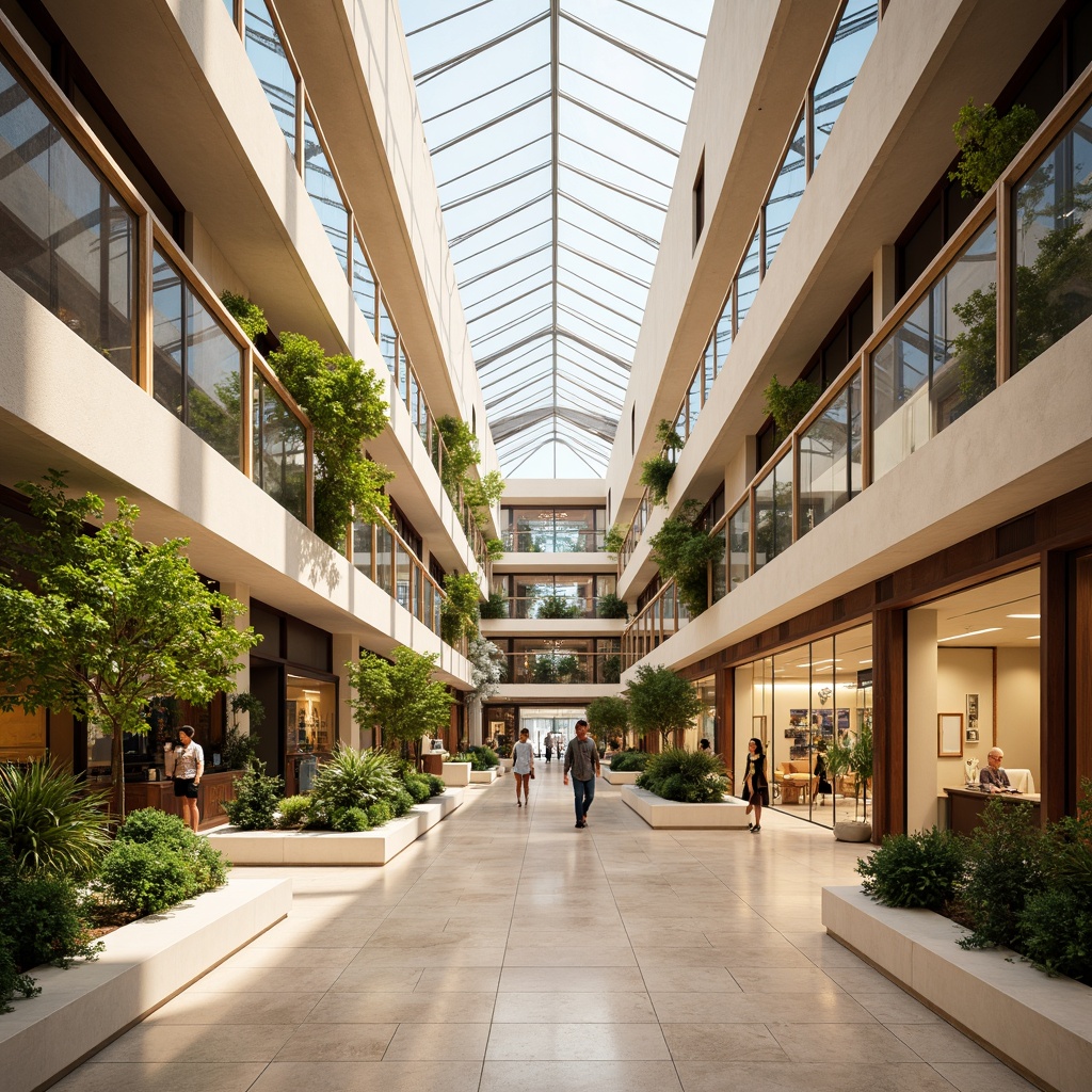 Prompt: Vibrant shopping mall, high ceilings, open atriums, clerestory windows, skylights, reflective surfaces, polished marble floors, minimalist decor, natural stone walls, lush greenery, tropical plants, warm beige tones, soft diffused lighting, shallow depth of field, 1/1 composition, panoramic view, realistic textures, ambient occlusion.