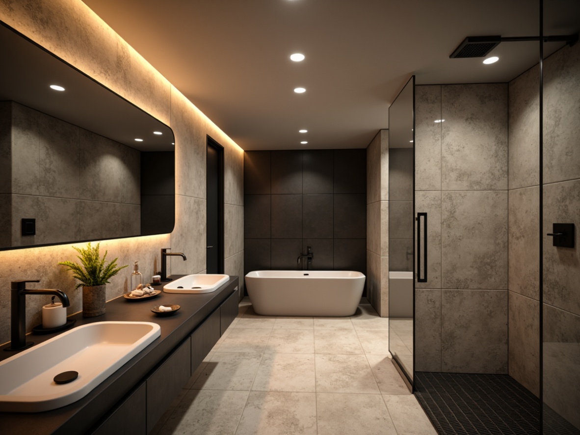 Prompt: Modern bathroom, sleek lines, minimalistic decor, functional fixtures, wall-mounted sinks, floating vanities, LED lighting, matte black faucets, textured glass tiles, large walk-in showers, rainfall showerheads, heated floors, ambient warm lighting, 3/4 composition, shallow depth of field, realistic textures, soft focus background.