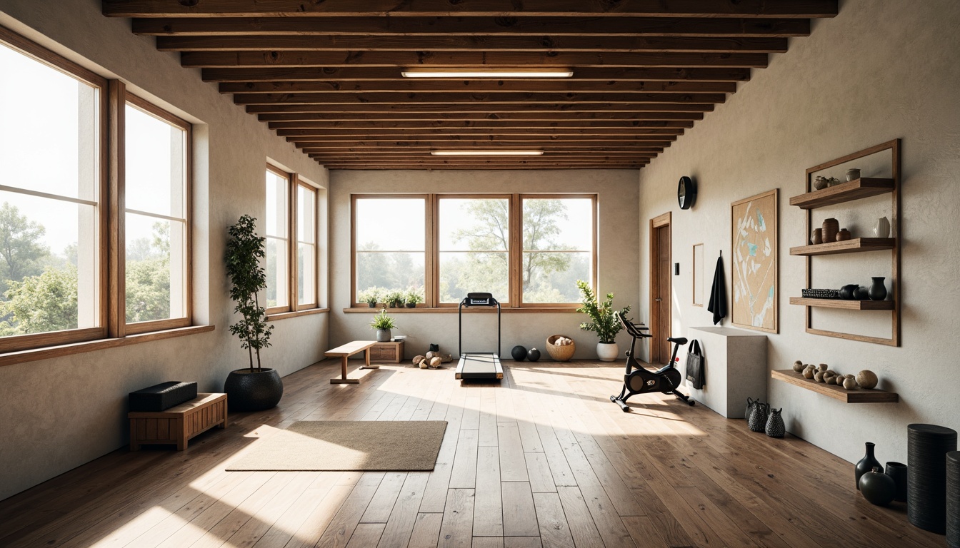 Prompt: Minimalist home gym, Scandinavian wooden floors, industrial-chic metal beams, floor-to-ceiling windows, natural light pouring in, sleek fitness equipment, modern treadmill, low-profile exercise bike, wall-mounted foldable bench, free weights, medicine balls, yoga mats, abstract geometric patterns, monochromatic color scheme, soft warm lighting, 1/1 composition, shallow depth of field, realistic textures, ambient occlusion.