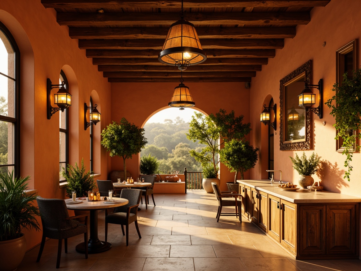 Prompt: Warm Mediterranean interior, soft golden lighting, rustic pendant lamps, wrought iron chandeliers, natural linen shades, distressed wood accents, vintage metal sconces, earthy terracotta tones, sun-kissed stucco walls, arched windows, warm beige flooring, creamy marble countertops, ornate tile work, lush greenery, candlelight ambiance, subtle shadows, ambient glow, soft focus, 1/2 composition, intimate atmosphere.