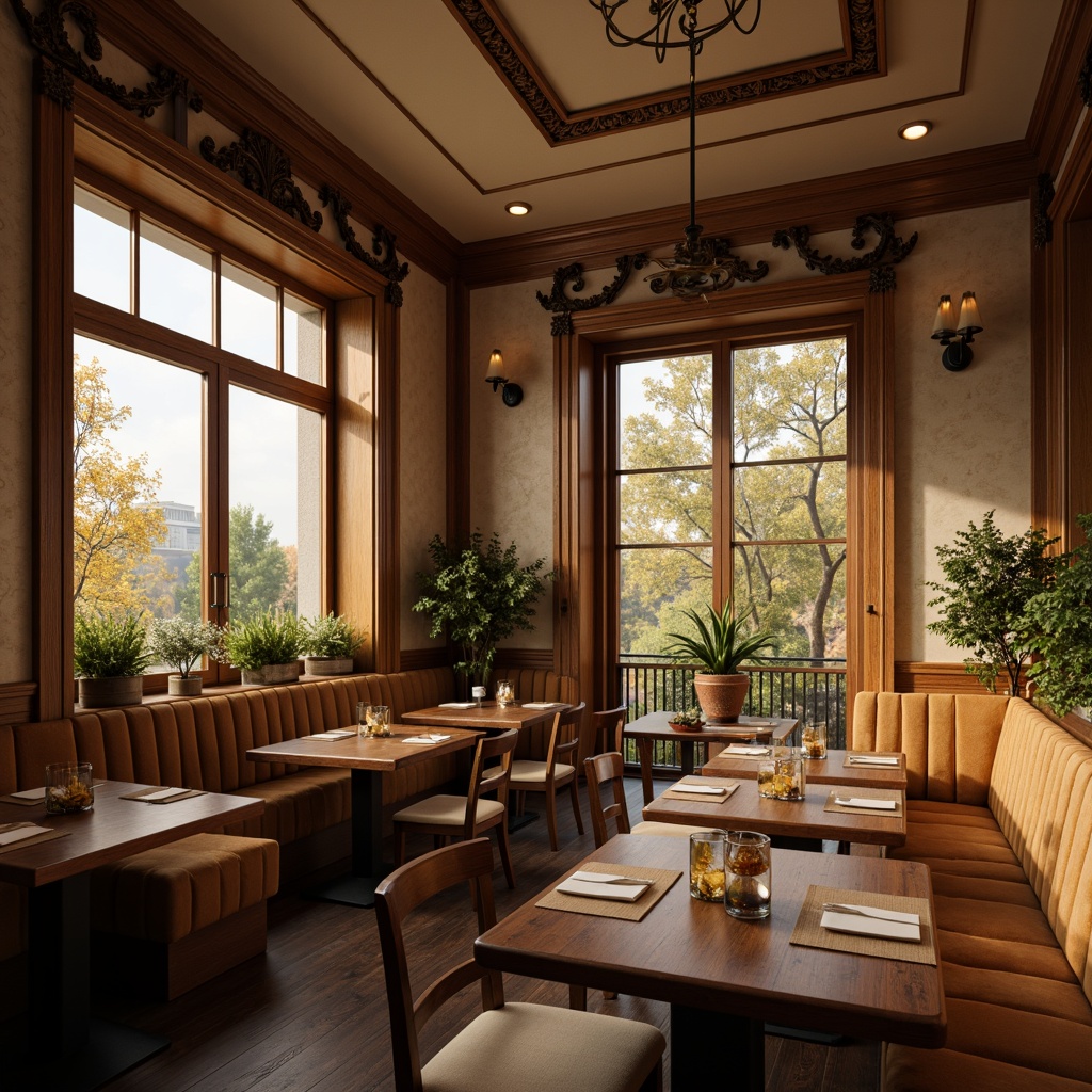 Prompt: Cozy breakfast nook, rich wood accents, warm beige tones, plush velvet upholstery, ornate metal fixtures, vintage-inspired lighting, rustic wooden tables, comfortable cushioned seating, soft morning light, subtle shadows, 1/1 composition, intimate atmosphere, realistic textures, ambient occlusion.