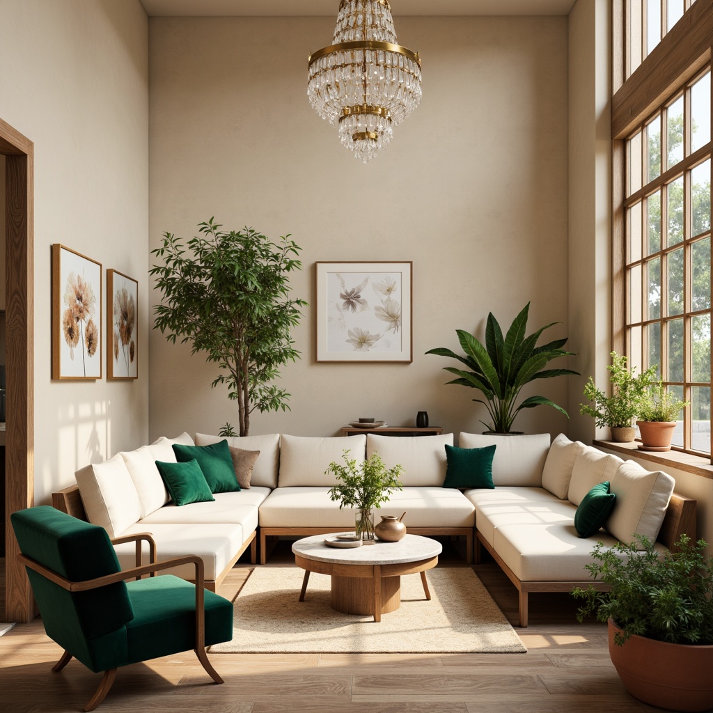 Prompt: Soft warm beige walls, rich walnut wood floors, plush creamy white sofas, velvety emerald green accent chairs, golden bronze metal fixtures, delicate crystal chandeliers, calming soft gray marble countertops, warm earthy terracotta planters, lush greenery, natural light pouring in, airy open space, 1/2 composition, soft focus, realistic textures.