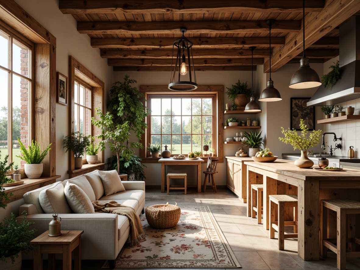 Prompt: Cozy farmhouse interior, rustic wooden beams, vintage metal lanterns, soft warm glow, pendant lighting, exposed brick walls, natural stone flooring, plush country-style furniture, lush greenery, botanical prints, earthy color palette, warm beige tones, creamy whites, distressed wood accents, industrial-chic decor, metal cage shades, Edison bulb fixtures, farmhouse sink, wooden kitchen island, pendant lights above island, breakfast nook, sunny morning light, shallow depth of field, 1/1 composition, realistic textures, ambient occlusion.