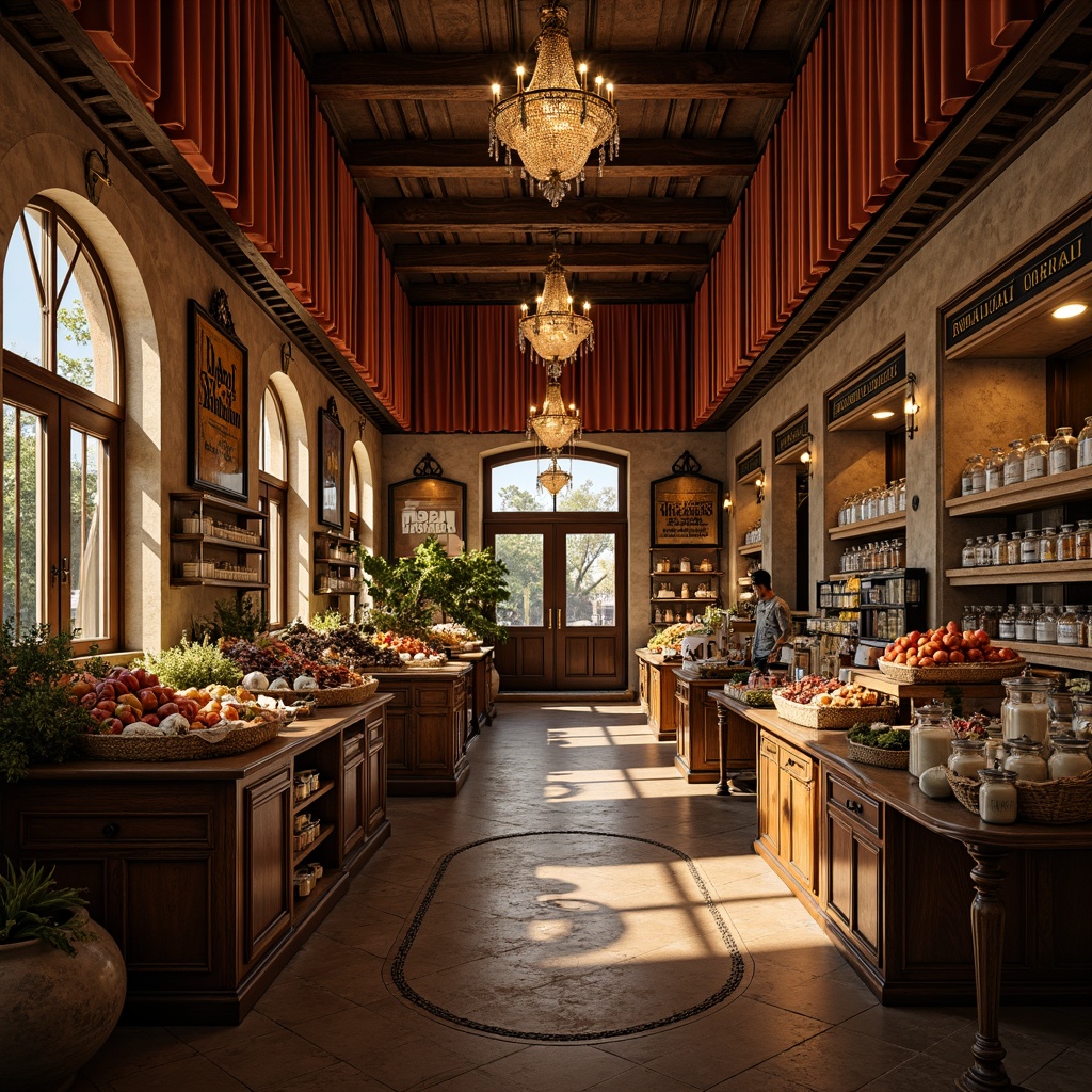 Prompt: Elegant Renaissance-style grocery store, ornate chandeliers, distressed wood accents, warm bronze tones, luxurious crystal pendants, rich velvet drapes, intricate ironwork details, rustic stone walls, vintage-inspired signage, classic apothecary jars, ambient softbox lighting, warm golden glow, shallow depth of field, 1/1 composition, realistic textures, subtle lens flares.