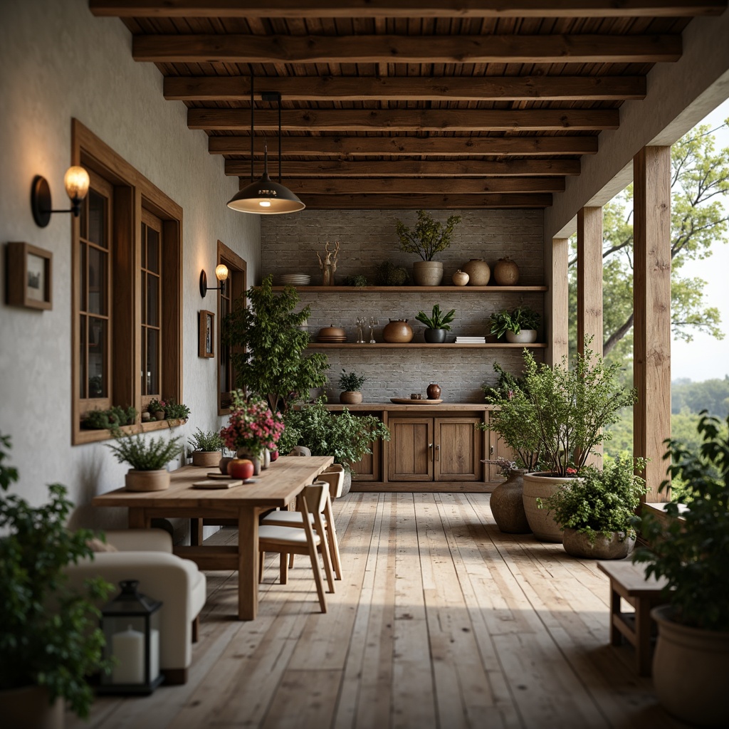 Prompt: Rustic farmhouse, vintage decor, wooden accents, distressed finishes, earthy tones, natural textures, stone walls, reclaimed wood floors, exposed beams, cozy nooks, farmhouse tables, metal lanterns, pendant lighting, lush greenery, potted plants, floral arrangements, warm ambient lighting, shallow depth of field, 3/4 composition, inviting atmosphere, soft focus, realistic render.