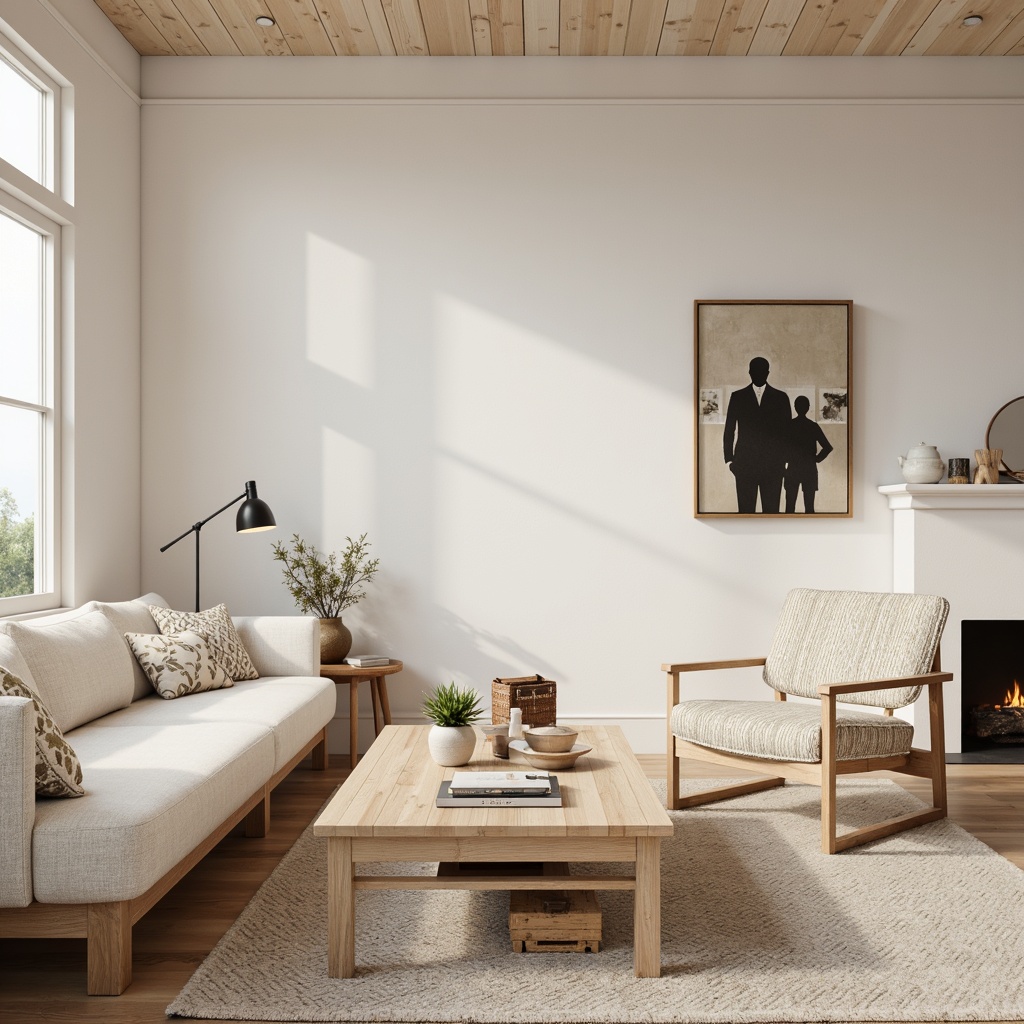 Prompt: Minimalist living room, wooden furniture, light-colored oak wood, soft cushions, Nordic-inspired patterns, cozy textiles, natural materials, earthy tones, warm lighting, functional design, simple shapes, clean lines, modern comfort, Swedish-inspired decor, Danish-style chairs, Norwegian-influenced coffee tables, gentle color palette, creamy whites, pale woods, subtle textures, atmospheric ambiance, shallow depth of field, 1/1 composition, realistic rendering.