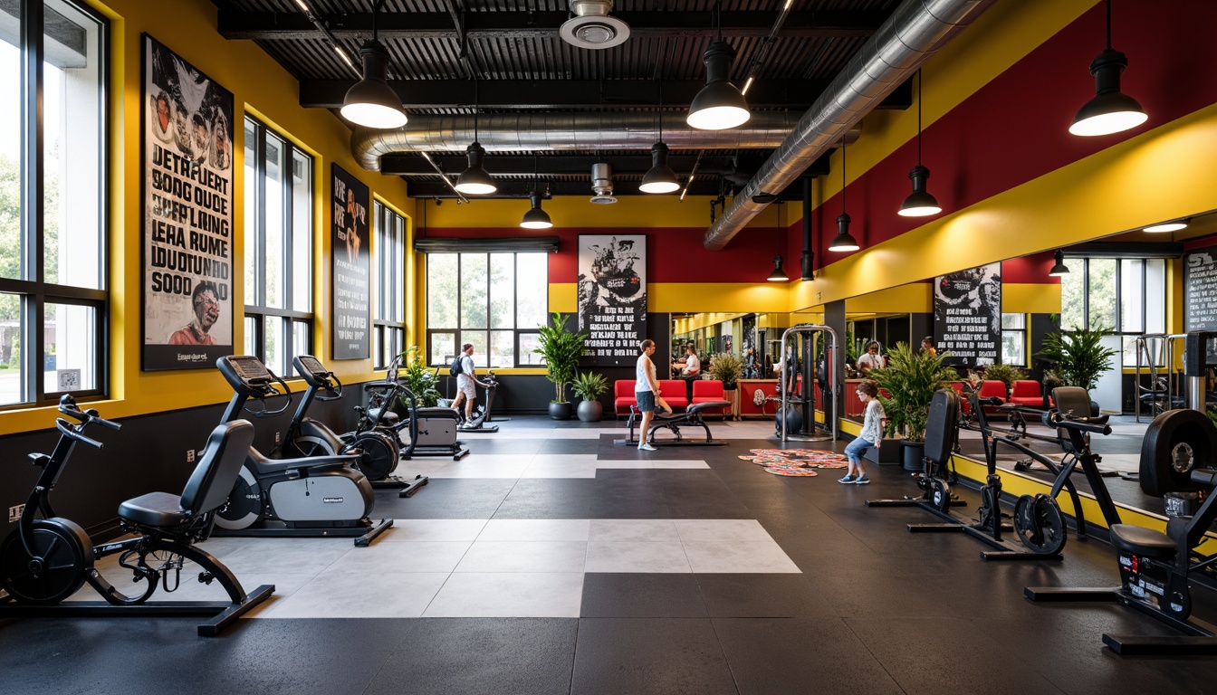 Prompt: Vibrant home gym, bold color scheme, energetic atmosphere, motivational quotes, industrial metal equipment, rubber flooring, mirrored walls, modern lighting fixtures, adjustable dumbbells, exercise bikes, treadmills, free weights, kettlebells, resistance bands, jump ropes, athletic wear, inspirational posters, high ceilings, large windows, natural light, warm wood accents, dynamic shadows, shallow depth of field, 1/1 composition, realistic textures, ambient occlusion.