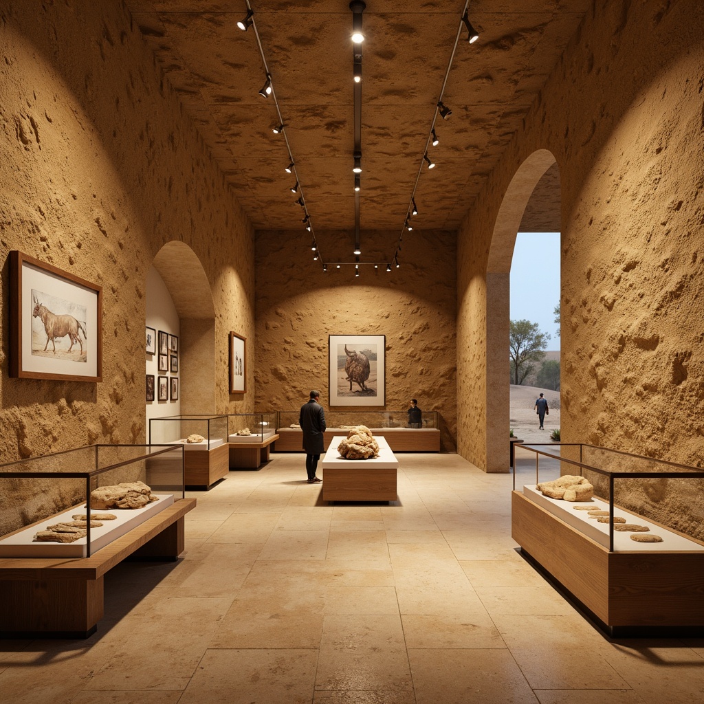 Prompt: Natural history museum, earthy tones, sandstone walls, textured surfaces, organic patterns, fossil exhibits, archaeological relics, warm beige lighting, shallow depth of field, 1/1 composition, realistic textures, ambient occlusion, sandy dunes, desert landscape, glass display cases, wooden floorboards, subtle color gradients, soft warm lighting, gentle shadows.