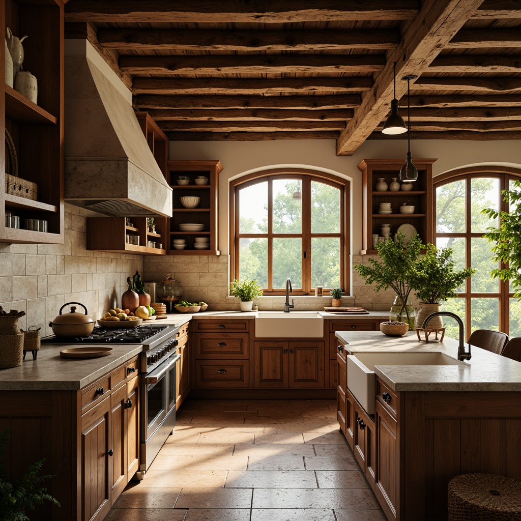 Prompt: Rustic kitchen, warm wooden cabinetry, earthy stone countertops, soft warm lighting, pendant lamps, farmhouse sink, natural textiles, woven baskets, vintage appliances, distressed finishes, cozy breakfast nook, lush greenery, sunny morning light, shallow depth of field, 3/4 composition, realistic textures, ambient occlusion.