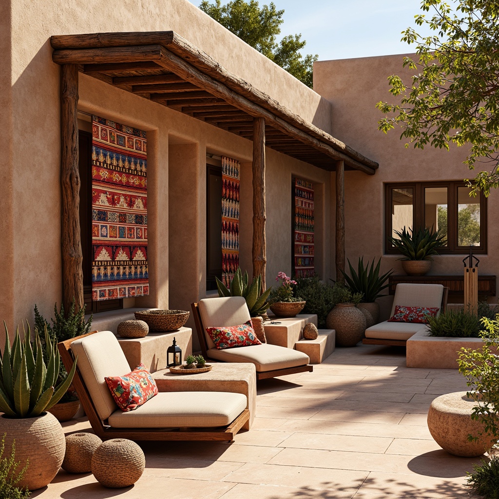 Prompt: Vibrant southwestern patterned fabrics, bold tribal prints, colorful woven baskets, rustic wooden accents, adobe-style architecture, warm earthy tones, natural stone walls, desert botanicals, cacti and succulents, warm sunny day, soft warm lighting, shallow depth of field, 3/4 composition, panoramic view, realistic textures, ambient occlusion.