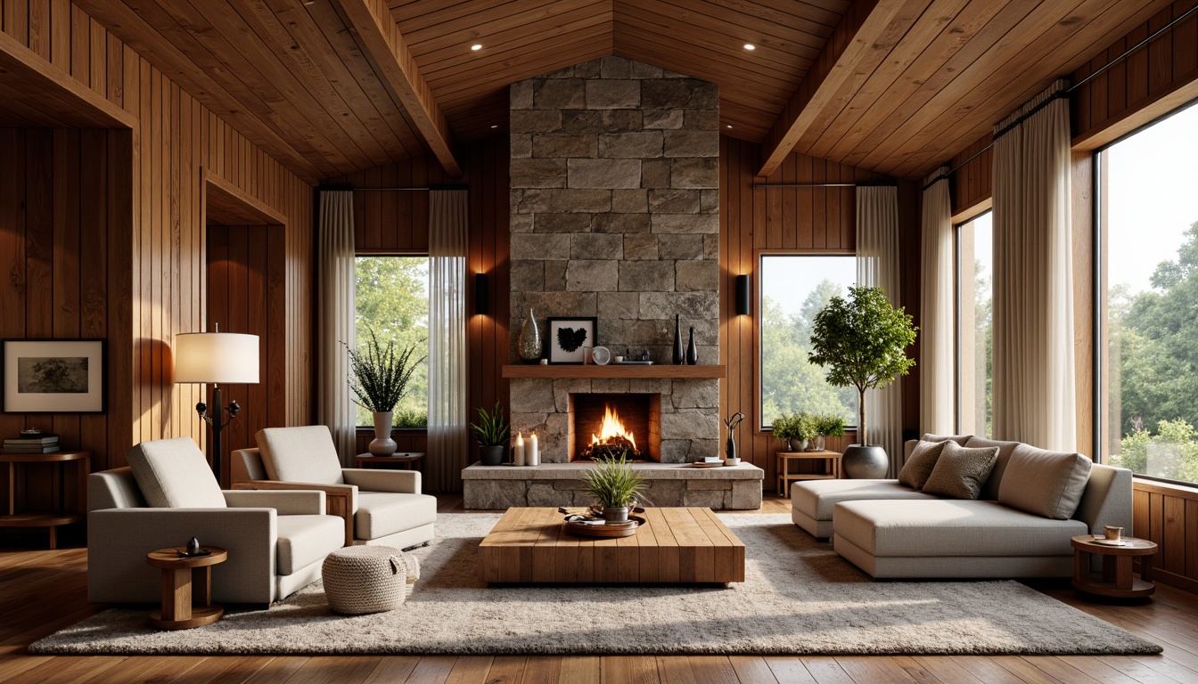 Prompt: Luxurious great room interior, rich wood paneling, stone fireplace, plush area rug, comfortable sofa seating, wooden coffee table, natural material accents, earthy color palette, warm ambient lighting, softbox window treatments, 3/4 composition, inviting atmosphere, realistic textures, subtle normal mapping.