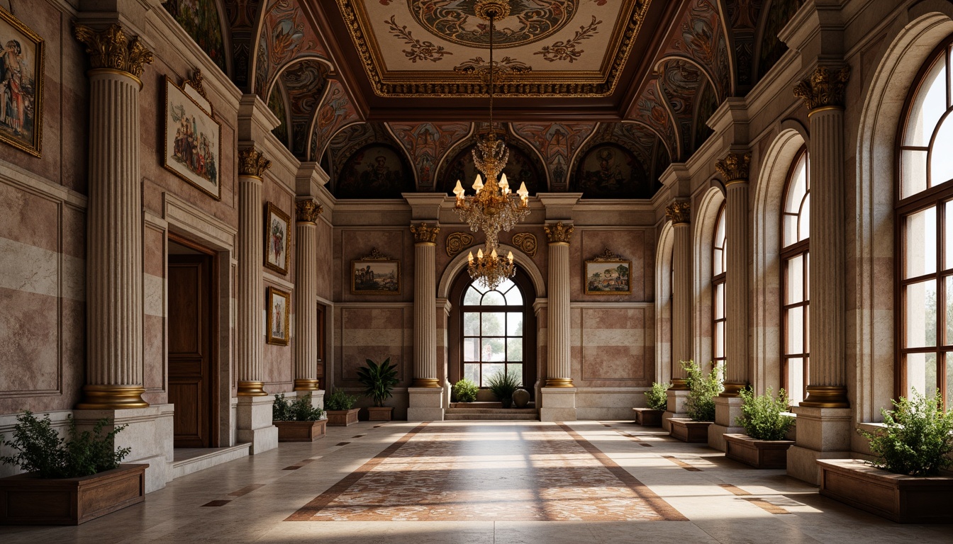 Prompt: Ornate Renaissance palace, intricately carved stone facades, ornamental columns, grand archways, textured marble floors, rustic brick walls, decorative frescoes, golden accents, lavish chandeliers, stained glass windows, symmetrical composition, warm soft lighting, subtle depth of field, 2/3 perspective, realistic renderings, ambient occlusion.